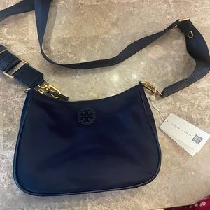 Brand new with tags Tory Burch Nylon Web Mini Hobo Bag in navy blue